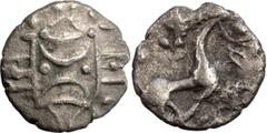 Ancient Greek Coins Celts of Britain, Iceni Unit. ; Celts of Britain, Iceni Unit; 40-45 AD, Unit, 0.95g. Van Arsdell-756-1. Obv: Double crescent emblem Rx: Celticized horse r., monogram below.. VF