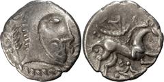 Ancient Greek Coins Celts of Britian, Iceni. 1/2 Unit; Celts of Britian, Iceni; Boudicca, 61 AD, Unit, 1.19g. Van Arsdell-790-1. Obv: Celticized head r. Rx: Celticized horse r. Ex Pegasi 25, November 
