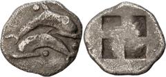 Ancient Greek Coins Thrace, Thasos Obol. ; Thrace, Thasos Obol; 463-411 BC, Obol, 0.56g. SNG Cop-1021. Obv: Two dolphins, one r. and one l. Rx: Four-part incuse square.. EF