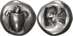 Ancient Greek Coins Attica, Aegina. Stater; Attica, Aegina; Group II, c. 530-520/510 BC, Stater, 11.94g. Asyut-425, Milbank-2. Obv: Smooth-Shell Sea Turtle. Rx: Union Jack rough incuse pattern not see