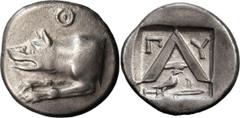 Ancient Greek Coins Argolis, Argos. Triobol; Argolis, Argos; c. 270-250 BC, Triobol, 2.50g. BCD-1111. Obv: Forepart of wolf l., T above. Rx: Large A in shallow incuse square, ?-? above, eagle on harpa