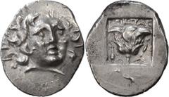 Ancient Greek Coins Caria, Rhodes. Achaean League Hemidrachm, ex BCD; Caria, Rhodes; c. 170-150 BC, Hemidrachm, 1.49g. Jenkins-231. Obv: Facing radiate head of Helios. Rx: Rose with bud to r.; G??G??S