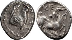 Ancient Greek Coins Cilicia, Celenderis Obol. ; Cilicia, Celenderis Obol; 425-400 BC, Obol, 0.71g. SNG Aulock-5635. Obv: Pegasus forepart r. with curved wing. Rx: Goat kneeling r., looking l.. EF