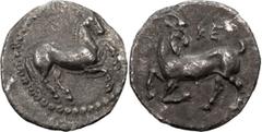 Ancient Greek Coins Cilicia, Celenderis Obol. ; Cilicia, Celenderis Obol; 425-400 BC, Obol, 0.72g. Klein-659. Obv: Horse prancing r. Rx: KE above; kneeling goat l., head reverted. Ex Berk 194, 9 July 