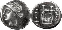 Ancient Greek Coins Ionia, Colophon. Alexandria Diobol; Ionia, Colophon; c. 389-350 BC, Diobol, 1.03g. Cf. Milne-53 and SNG Cop-141. Laureate head of Apollo l., hair rolled at back. Rx: Lyre of three 