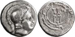 Ancient Greek Coins Ionia, Magnesia ad Maeandrum Obol. ; Ionia, Magnesia ad Maeandrum Obol; c. 400-350 BC, Obol, 0.86g. BM-15, SNG Aulock-2032, SNG Cop-810. Obv: Head of Athena r. Rx: Trident and M-A 