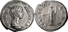 Ancient Roman and Byzantine Coins Plautilla. Denarius; Plautilla; Rome, 203 AD, Denarius, 3.57g. BM-411, C-1, RIC-363a. Obv: PLAVTILLA - AVGVSTA Bust draped r. Rx: CONCORDIA - AVGG Concordia standing 