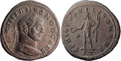 Ancient Roman and Byzantine Coins Galerius as Caesar. Follis; Galerius as Caesar; 293-305 AD, Ticinum, c. 296-7 AD, Follis, 9.16g. RIC-32b (C ), officina P=1. Obv: MAXIMIANVS NOB CAES Head laureate r.