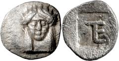 Ancient Coins Ionia, Colophon. Archaic Tetartemorion; Ionia, Colophon; c. 525-490. BC, Tetartemorion, 0.22g. Milne-7, Kayhan-356. Obv: Head of Apollo facing. Rx: TE monogram in incuse square. The reve