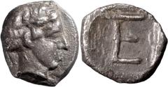 Ancient Coins Ionia, Colophon. Archaic Tetartemorion; Ionia, Colophon; c. 450-410. BC, Tetartemorion, 0.39g. Milne-31. Obv: Head of Apollo r. Rx: TE monogram in incuse square.. EF