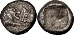 Ancient Coins Lydia, Croesus. 1/24 Silver Stater; Lydia, Croesus; 560-546 BC, 1/24 Stater, 0.42g. Berk-30. Obv: Confronted foreparts of roaring lion and bull. Rx: Double incuse punch.. VF