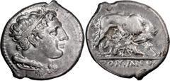 Ancient Coins Anonymous. Didrachm; Anonymous; 269-266 BC, Didrachm, 7.12g. Cr-20/1, Syd-6. Obv: Bust of Hercules with club and lionskin over shoulder. Rx: She-wolf and twins, in exergue ROMANO.Excepti