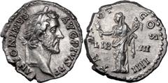 Ancient Coins Antoninus Pius. Denarius; Antoninus Pius; 138-161 AD, Rome, 145 AD, Denarius, 3.33g. BM-571, C-491 (3 Fr.), RIC-155. Obv: ANTONINVS - AVG PIVS P P Head laureate r. Rx: LIB - IIII across 