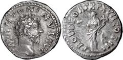 Ancient Coins Marcus Aurelius. Denarius; Marcus Aurelius; 161-180 AD, Rome, 163 AD, Denarius, 3.35g. Bust var. of BM-223, RSC-526e, and RIC-66. Obv: M ANTONINVS AVG Head bare r. Rx: PROV DEOR TR P XVI