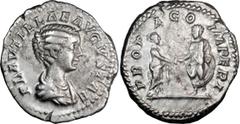 Ancient Coins Plautilla. Denarius; Plautilla; Rome, 202 AD, Denarius, 3.41g. BM-406, C-21, RIC-362. Obv: PLAVTILLAE AVGVSTAE Bust draped r. Rx: PROP - AGO - IMPERI Caracalla and Plautilla clasping han