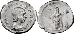 Ancient Coins Julia Maesa. Denarius; Julia Maesa; Rome, 219 AD, Denarius, 2.99g. BM-67, C-16, RIC-254. Obv: IVLIA MAESA AVG Bust draped r., early coiffure with small nest. Rx: IVNO Juno standing l. ho