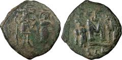 Ancient Coins Constans II. Follis; Constans II; 641-668 AD. Syracuse, Follis, 2.92g. Berk-697, DO-181, Sear-1110. Obv: No legend, Constans, with long beard, and Constantine IV, beardless, standing fac