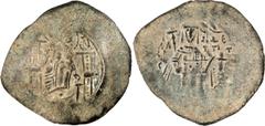 Ancient Coins Isaac II. Billion Aspron Trachy; Isaac II; 1185-1195 AD. Constantinople, BI Aspron Trachy, 3.08g. Sear-2003, DO-3. Obv: Virgin enthroned facing, holding nimbate head of infant Christ bef