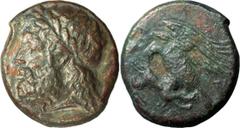 Ancient Coins Sicily, Akragas. ; Sicily, Akragas; c. 338-317 BC, AE 17-18, 5.59g. Calciati-116, Sear-1028 var., HGC-164. Obv: Laureate head of Zeus l., [AKPAGA] before. Rx: Eagle l. with spread wings,