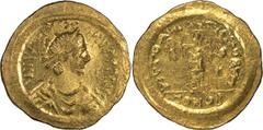 Ancient Gold Justin I. Tremissis; Justin I; 518-527 AD. Constantinople, Tremissis, 1.51g. Berk-40, MIB-5, Sear-58. Obv: D N IVSTI - NVS PP AVI Pearl-diademed, draped, cuirassed bust r., seen from fron