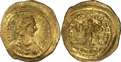 Ancient Gold Justin I. Tremissis; Justin I; 518-527 AD. Constantinople, Tremissis, 1.49g. Berk-40, MIB-5, Sear-58. Obv: D N IVSTI - NVS PP AVI Pearl-diademed, draped, cuirassed bust r., seen from fron