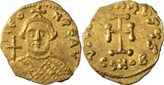 Ancient Gold Leontius. Tremissis; Leontius; 695-698 AD. Constantinople, Tremissis, 1.33g. Berk-191, MIB-5, Sear-1333. Obv: D LEO - N PE AV Crowned bust facing holding cross on globe. Rx: VIC[TOR]IA AV