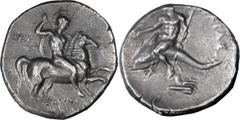 Greek Silver Calabria, Tarentum. Didrachm; Calabria, Tarentum; c. 280 BC, Didrachm, 6.17g. Vlasto-721 (same dies). Obv: Naked horseman on prancing horse r., wielding spear and with round shield and tw