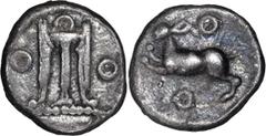 Greek Silver Bruttium, Croton. Alexandria Diobol; Bruttium, Croton; c. 430-420 BC, Diobol, 0.78g. HN Italy-2133 var. (hare r.), SNG ANS-332 var. (hare r.). Obv: Tripod, annulets above and to either si