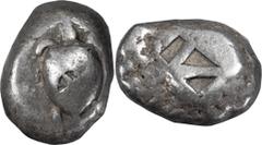 Greek Silver Attica, Aegina. Stater; Attica, Aegina; c. 490-458 BC, Stater, 12.22g. Asyut-Group VII, 541. Obv: Sea turtle. Rx: Small skew pattern.. F