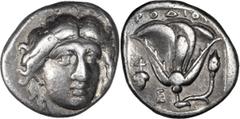 Greek Silver Caria, Rhodes. Didrachm; Caria, Rhodes; c. 304-275 BC, Didrachm, 6.68g. SNG Cop-728, SNG Aul-2790, SNG Keckman-452. Obv: Head of Helios facing, slightly r. Rx: Rose; in field l., vine ten
