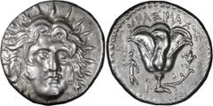 Greek Silver Caria, Rhodes. Didrachm; Caria, Rhodes; c. 250-200 BC, Didrachm, 6.89g. SNG Keckman-537. Obv: Head of Helios facing, 3/4 r. Rx: Rose; Athena standing in l. field; above, magistrate's name