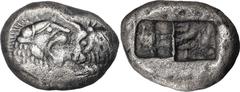 Greek Silver Lydia, Croesus Siglos. ; Lydia, Croesus Siglos; 565-546 BC, Siglos, 5.23g. Berk-21. Obv: Confronted foreparts of a roaring lion and a bull. Rx: Oblong punch divided into two squares.. VF