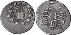 Greek Silver Mysia, Pergamum. Cistophorus; Mysia, Pergamum; Roman Rule, c. 133-67 BC, Cistophorus, 12.37g. BM-108. Obv: Cista mystica with half-open lid, from which a serpent emerges to l., all within
