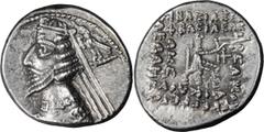 Greek Silver Parthia, Phraates IV. Drachm; Parthia, Phraates IV; 38-2 BC, Drachm, 3.72g. Sellwood-52.12, cf. Shore-280. Obv: Diademed bust of king l. with pointed beard; eagle behind crowning him with