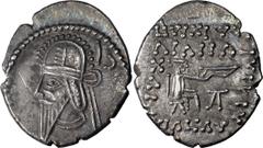 Greek Silver Parthia, Vologases VI. Drachm; Parthia, Vologases VI; 208-228 AD, Drachm, 3.52g. Sellwood-88.19, Shore-458. Obv: Bust of king l. with pointed beard, wearing tiara with pellets on stalks o
