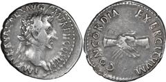 Roman Imperial Silver Nerva. Denarius; Nerva; 96-98 AD, Rome, 97 AD, Denarius, 3.60g. BM-53, Paris-39, C-22, RIC-26. Obv: TR P II COS III, Head of Nerva laureate r. Rx: CONCORDIA - EXERCITVVM Clasped 