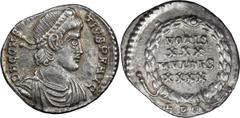 Roman Imperial Silver Constantius II. Siliqua; Constantius II; 337-361 AD, Lugdunum, 360-61 AD, Siliqua, 1.99g. RIC-216, C-343. Rx: VOTIS / XXX / MVLTIS / XXXX in wreath, LVG in exergue.. EF