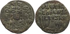 Byzantine Copper Romanus I. Follis; Romanus I; 920-944 AD. Constantinople, Follis, 5.31g. Berk-929, Sear-1760, DO-25. Obv: Facing, bearded bust of emperor, wearing crown and jeweled chlamys, holding l