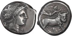 Greek Campania, Neapolis. Didrachm; Campania, Neapolis; 340-300 BC, Didrachm, 7.29g. Cf. SNG ANS-365. Obv: Head of Nymph r., rooster behind, A before. Rx: Man-headed bull standing r., head front, bein