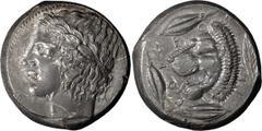 Greek Sicily, Leontini. Tetradrachm; Sicily, Leontini; c. 466-425 BC, Tetradrachm, 17.33g. SNG ANS-257 (same dies), Rizzo-pl. XXIII.4 (same dies). Obv: Head of Apollo laureate l. Rx: Lion's head l.; a