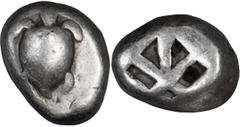 Greek Attica, Aegina. Stater; Attica, Aegina; c. 485-480 BC, Group VI, Stater, 12.10g. Asyut-515. Obv: Sea turtle. Rx: Incuse square of skew pattern, divided by straight lines into five compartments..