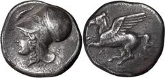 Greek Corinthia, Corinth. Stater; Corinthia, Corinth; 405-335 BC, Stater, 8.26g. Calciati-343. Obv: Pegasus with pointed wing flying l.; koppa beneath. Rx: Helmeted head of Athena l., dolphin above he