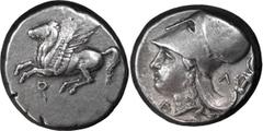 Greek Corinthia, Corinth. Stater; Corinthia, Corinth; 330-300 BC, Stater, 8.52g. Calciati-411. Obv: Pegasus with pointed wing flying l.; koppa beneath. Rx: Helmeted head of Athena l., ? before neck, ?