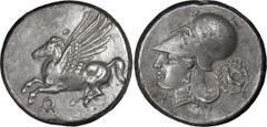 Greek Corinthia, Corinth. Stater; Corinthia, Corinth; 330-300 BC, Stater, 8.36g. Calciati-419. Obv: Pegasus, with pointed wing, flying l.; koppa beneath. Rx: Helmeted head of Athena l., dove flying l.