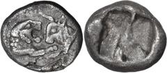Greek Lydia, Croesus. 1/24 Silver Stater; Lydia, Croesus; 565-546 BC, 1/24 Stater, 0.39g. Berk-30. Obv: Confronted foreparts of roaring lion and bull. Rx: Incuse. VF ($600)