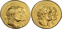 Ancient Greek Ptolemaic, Ptolemy II with Arsinoe II, Ptolemy I, Berenike I. ; Ptolemaic, Ptolemy II with Arsinoe II, Ptolemy I, Berenike I; 285-246 BC, 13.82g. Alexandria, c. 272-261/0 BC. CPE-314, Sv