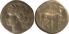 Ancient Greek Zeugitania, Carthage. AR Tridrachm; Zeugitania, Carthage; Group 2, 215-213 BC, Billon Tridrachm, 10.76g. Lorber-19 (this coin). Obv: Young Tanit head l., wearing wreath of wheat ears and