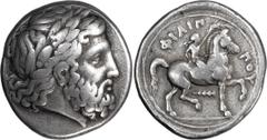 Ancient Greek Macedonia, Philip II. ; Macedonia, Philip II; 359-336 BC. Pella, Posthumous, c. 336/5-329/8 BC, 14.16g. Le Rider-378, pl. 16 (same dies). Obv: Laureate head of Zeus r. Rx: FI?I? - ?OY Ho