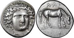 Ancient Greek Thessaly, Larissa. Drachm; Thessaly, Larissa; c. 400-370 BC, Drachm, 6.07g. Lorber, Studies Westermark, p. 279, 45a (this coin). Obv: Head of nymph Larissa three-quarters r., wearing amp