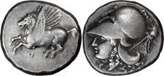 Ancient Greek Corinthia, Corinth. Stater; Corinthia, Corinth; 350-330 BC, Stater, 8.39g. Calciati-417. Obv: Pegasus flying l. with straight wings, koppa below. Rx: Helmeted head of Athena l., with G b